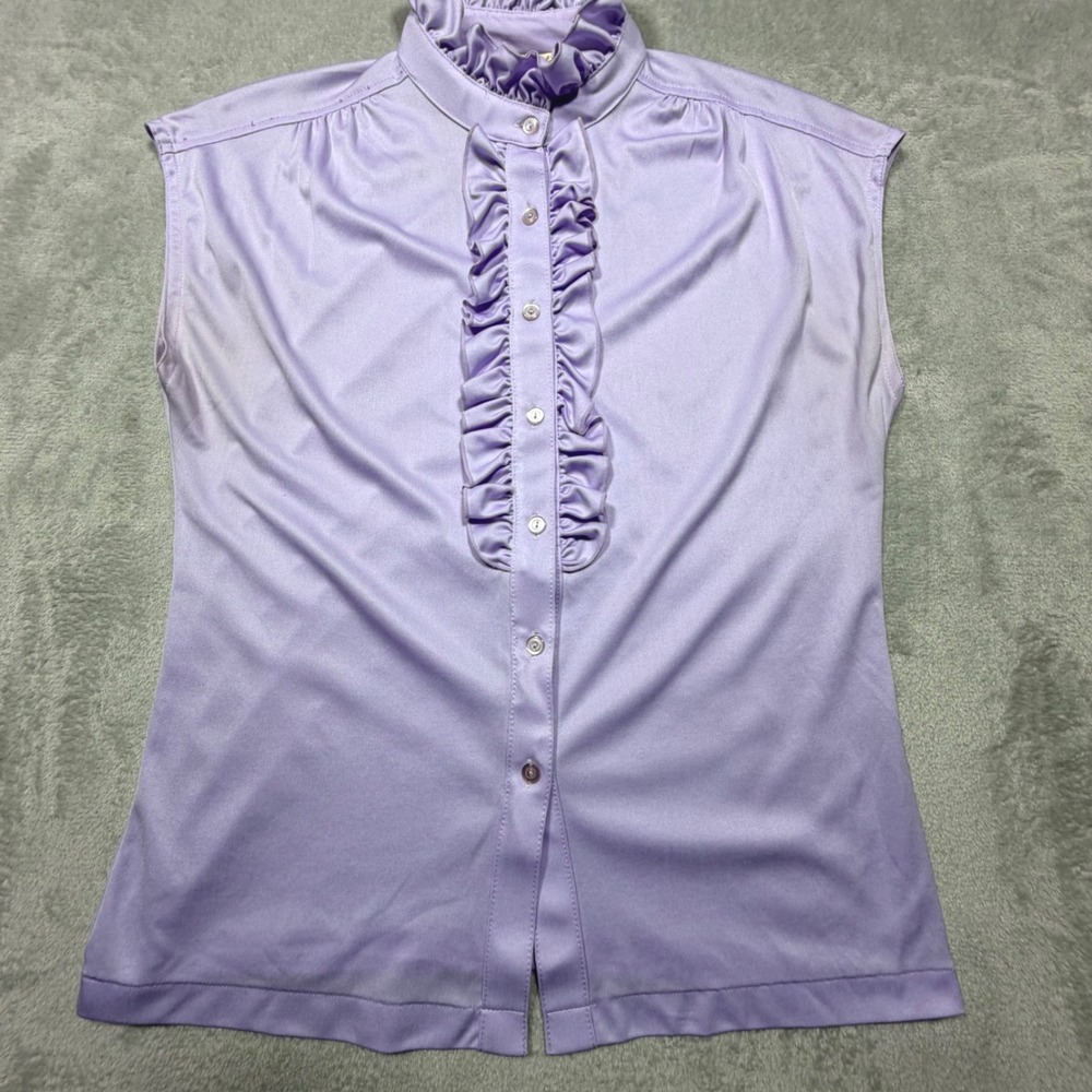 Vintage Gabrielle Lavender Ruffle Blouse‎ Sleeveless Purple 70s Large 100 Poly